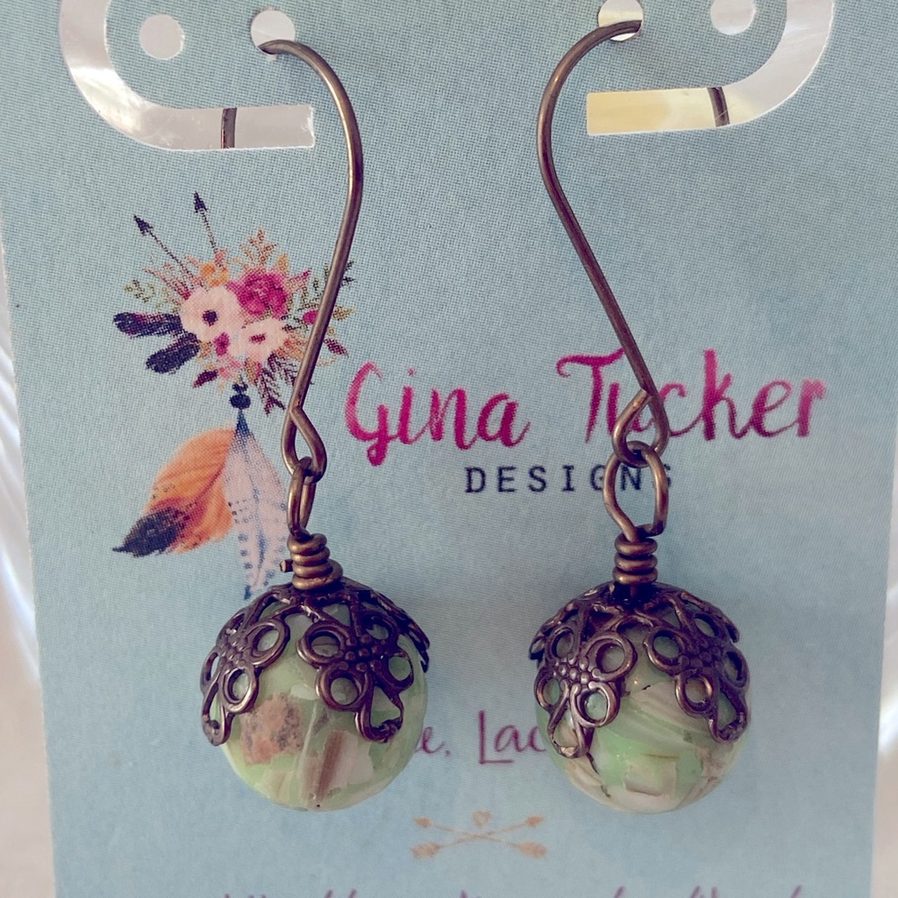 Handmade Bohemian single drop Ecogreen Boho beaded earring. 1 3/4 inch drop NWOT